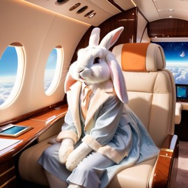 american fuzzy lop rabbit in a gulfstream private jet, dressed in elegant clothing, capturing a posh and magical moment.