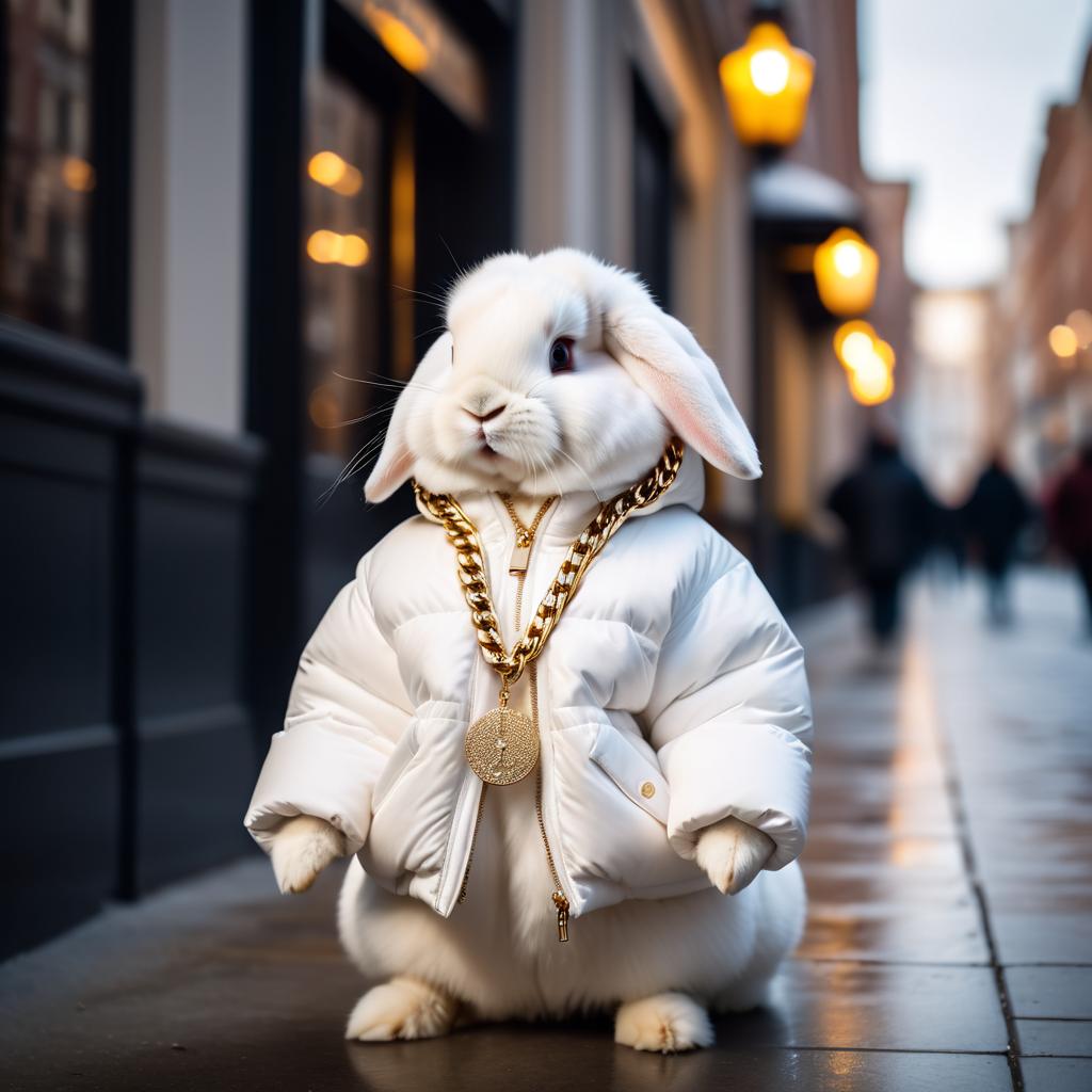 american fuzzy lop rabbit in a large white puffer coat with golden hip hop chains, set in a posh urban environment.