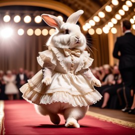 american fuzzy lop rabbit strutting down the fashion show catwalk stage in a vintage victorian outfit with lace and ruffles, high energy and majestic.