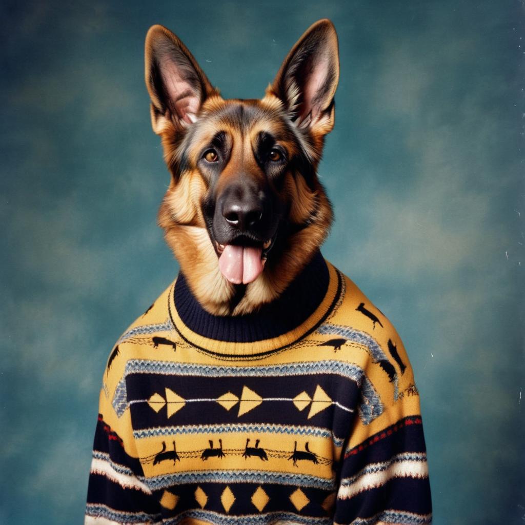 90s yearbook photo of german shepherd in a vintage sweater, full body, studio background.