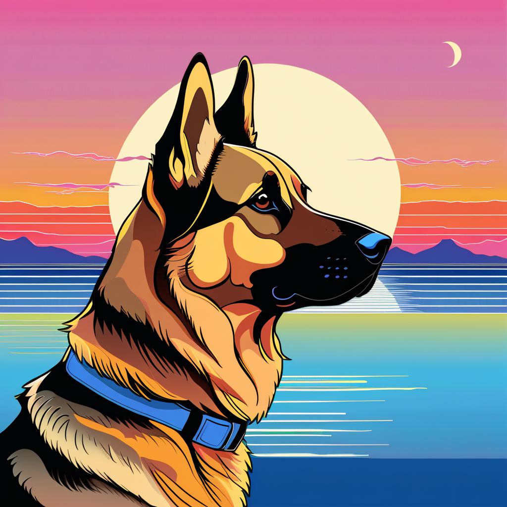 anime artwork of german shepherd in city pop style, retro vaporwave, night view, summer beach scene.