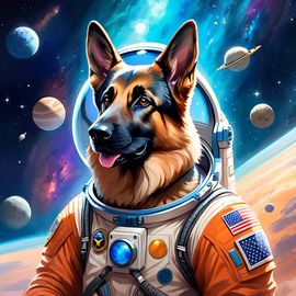 german shepherd as astronaut in space, ethereal and magical style, wearing spacesuit.