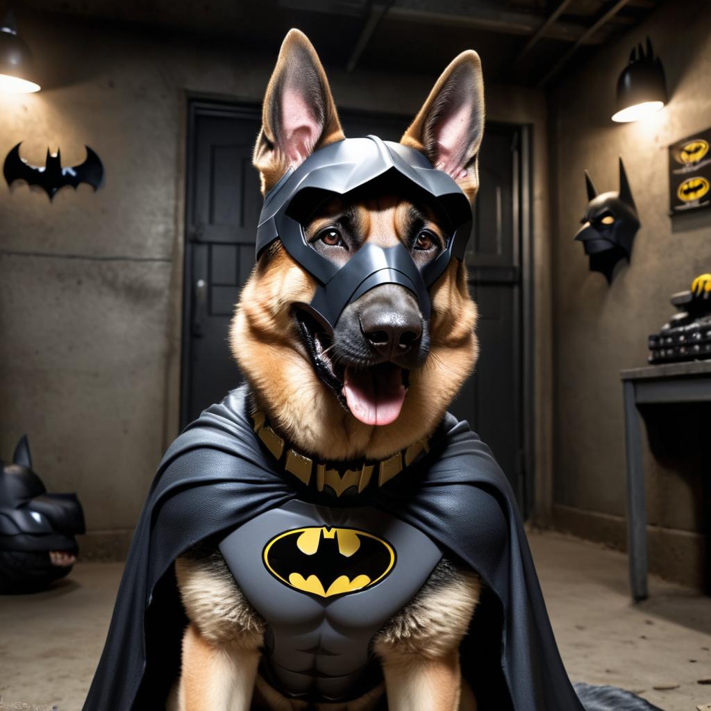 german shepherd as batman in batcave, wearing batman suit and mask, highly detailed.