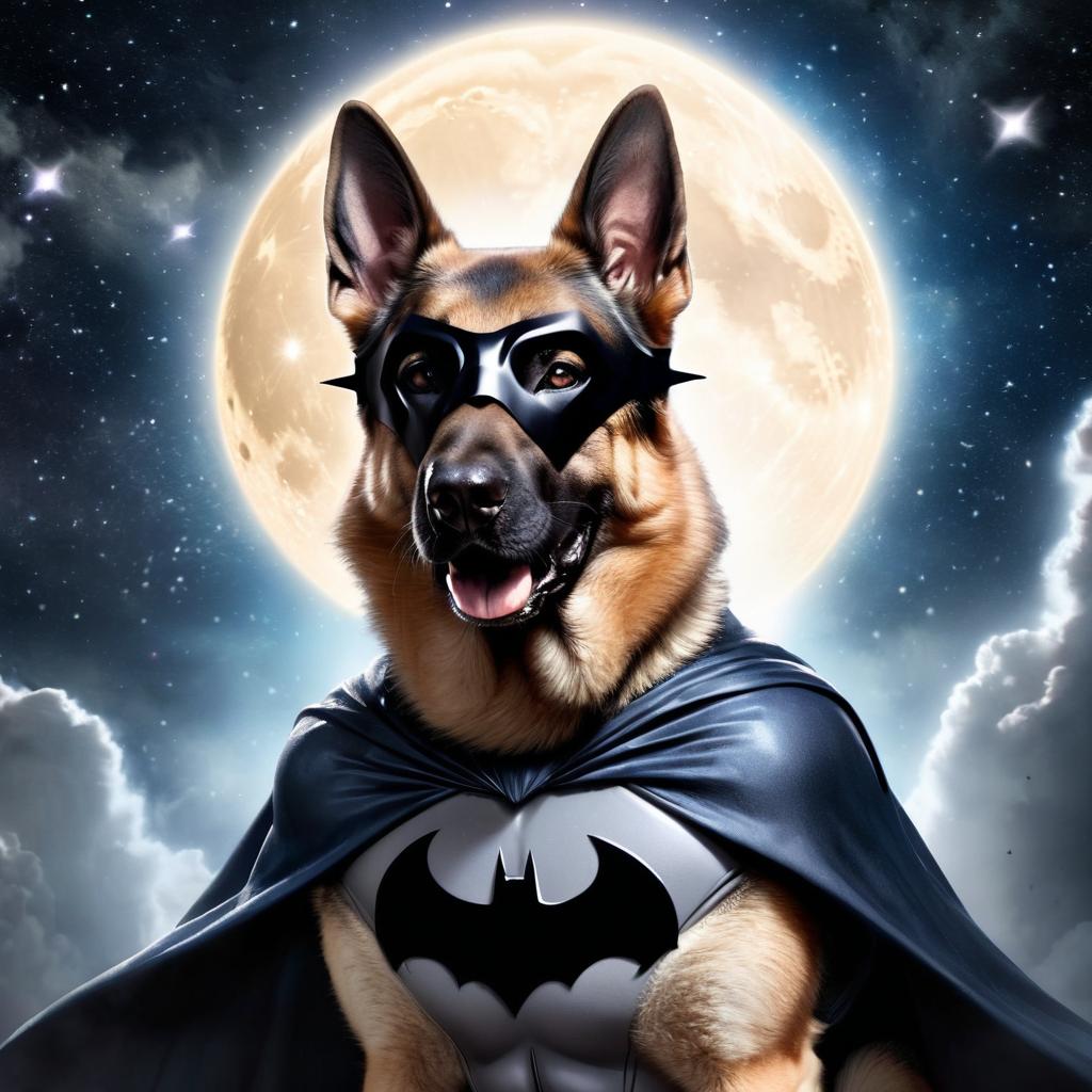 german shepherd as batman, ethereal and majestic, wearing batman suit and mask.