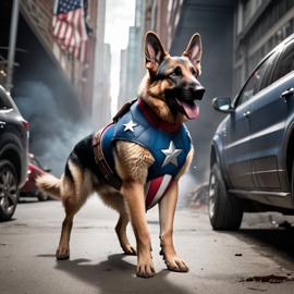 german shepherd as captain america from avengers, in action, cute and happy.