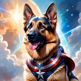 german shepherd as captain america from avengers, ethereal and magical.