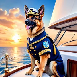 german shepherd as a captain on a luxury yacht, wearing captain uniform, ethereal and majestic.