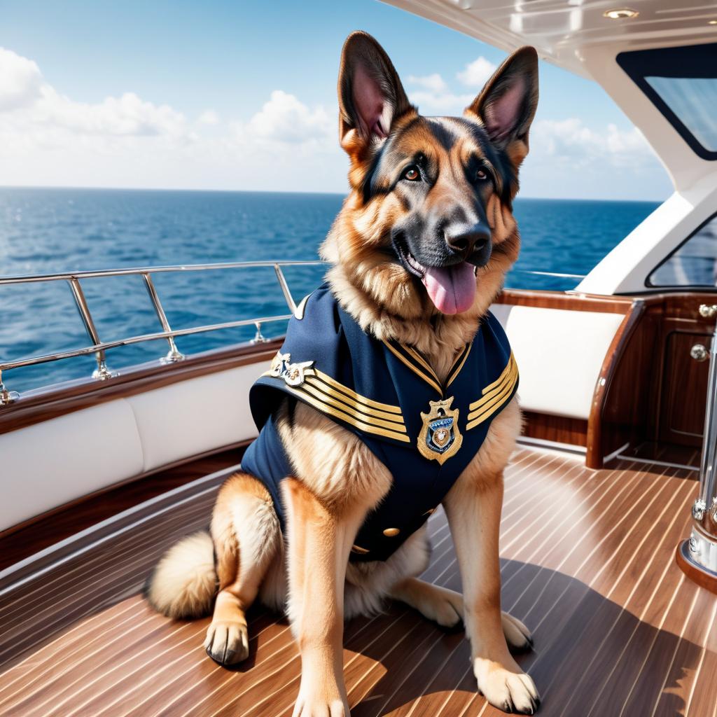 german shepherd as a captain on a luxury yacht, wearing captain uniform, highly detailed.