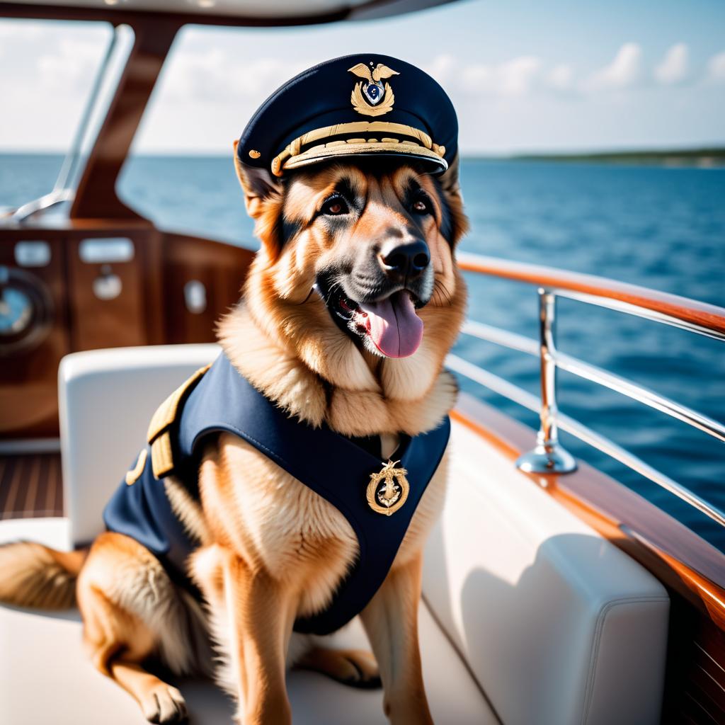 german shepherd as a captain on a luxury yacht, wearing captain uniform, against a blue sea.