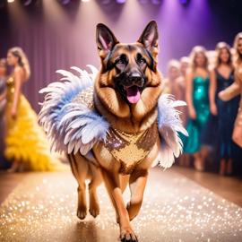 german shepherd strutting down the fashion show catwalk stage in a sparkling sequined dress with a feathered boa, high energy and dramatic.