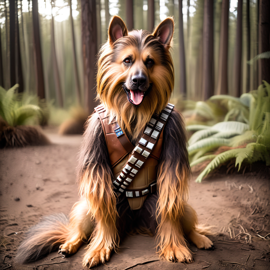 german shepherd as chewbacca from star wars, in a star wars environment, cute and happy.