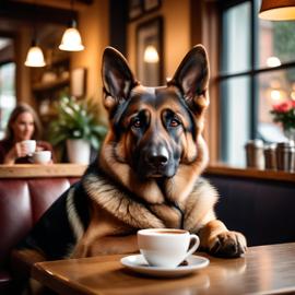 german shepherd sitting in a cozy coffee shop with a cup of coffee, detailed and vibrant.