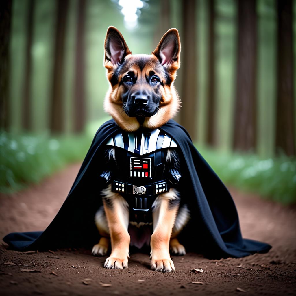 german shepherd as darth vader from star wars, dressed as darth vader in a detailed star wars scene.