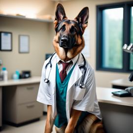 german shepherd as a doctor in an office, detailed and charming, with high budget, bokeh, and a moody atmosphere.