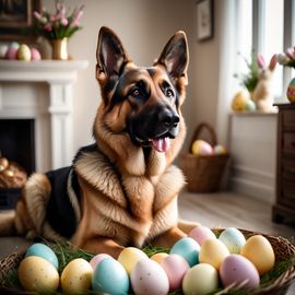 german shepherd in a beautiful easter setting with colorful eggs, highly detailed and charming.