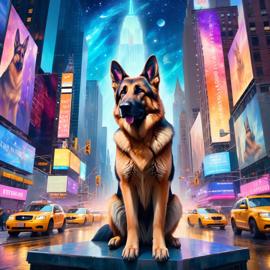 german shepherd in new york depicted in ethereal fantasy art, with a magical and celestial backdrop.