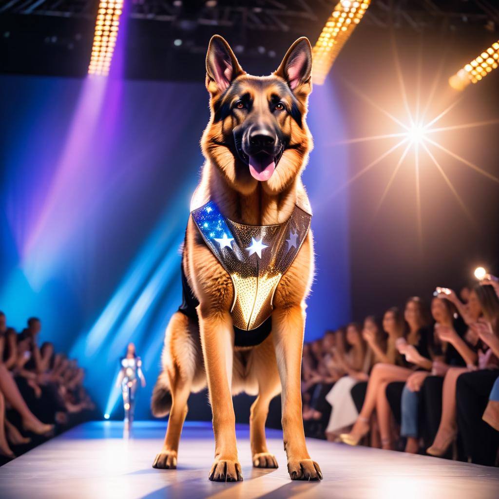 german shepherd strutting down the fashion show catwalk stage in a sleek metallic bodysuit with led accents, high energy and dramatic.