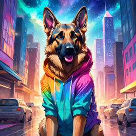 german shepherd in a colorful hoodie, with a magical urban background highlighting a cute and happy vibe.