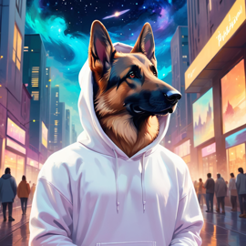 german shepherd in a white hoodie, featuring a magical and ethereal urban setting with a cute and happy vibe.