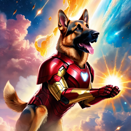 german shepherd as iron man, showcasing a celestial, painterly style with a magical iron man costume.