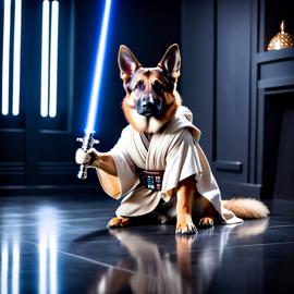 german shepherd as a jedi knight, featuring a lightsaber and a star wars environment in a high-detail, epic style.