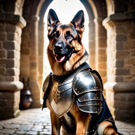 german shepherd as a medieval knight in a cinematic film still, detailed armor, set in a grand medieval castle.