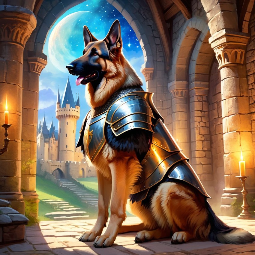 german shepherd as a medieval knight in a majestic castle, ethereal and painterly style.