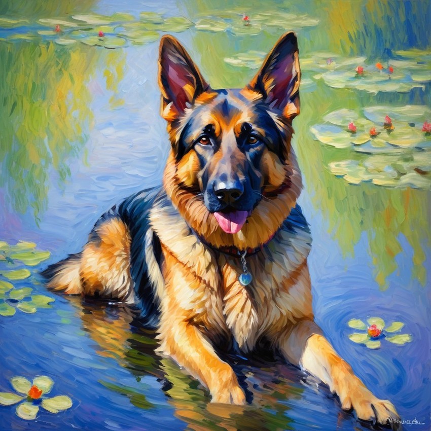 german shepherd in the style of monet, featuring delicate brush strokes and a classic, artistic appearance.