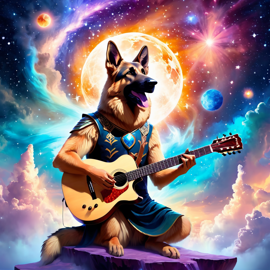 german shepherd as a musician in an ethereal fantasy setting, playing guitar with a majestic and magical touch.