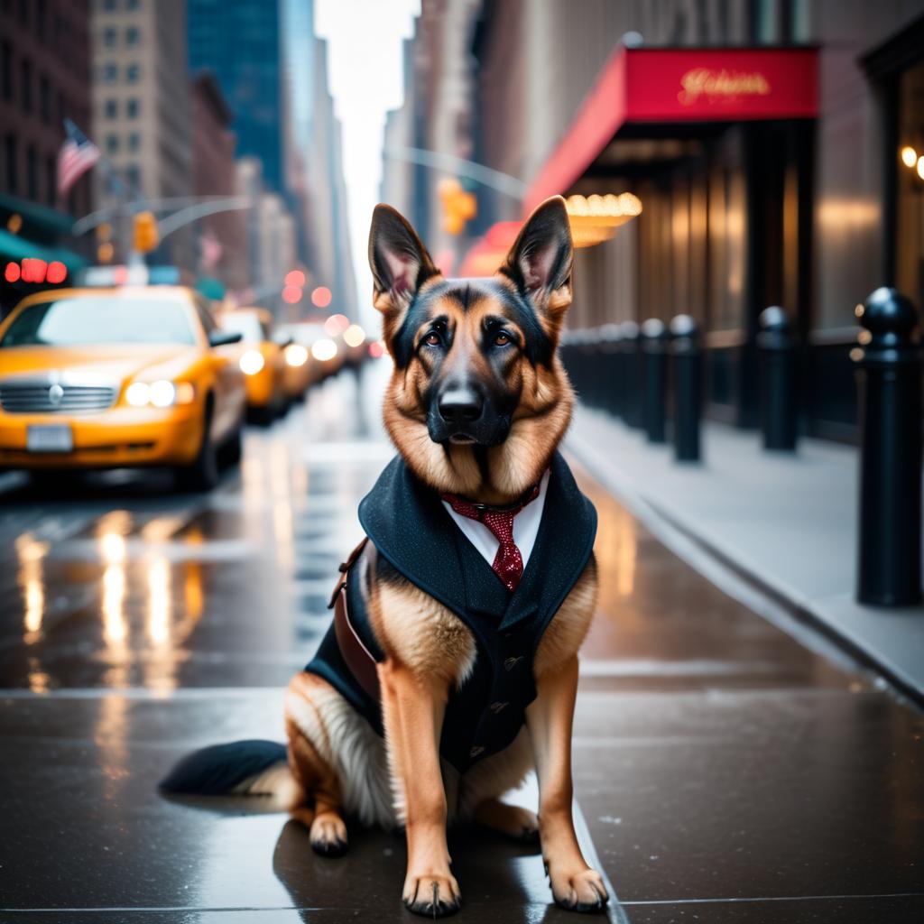 german shepherd in new york, dressed in classy clothing, against an iconic nyc backdrop with a cinematic, high-detail style.