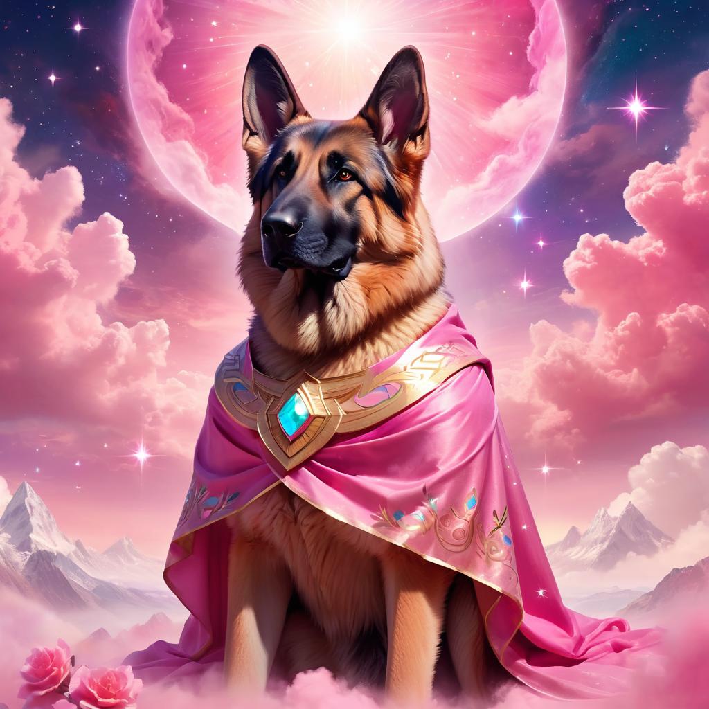 german shepherd in pink clothing, set in a beautiful pink scene with a dreamy, magical vibe.