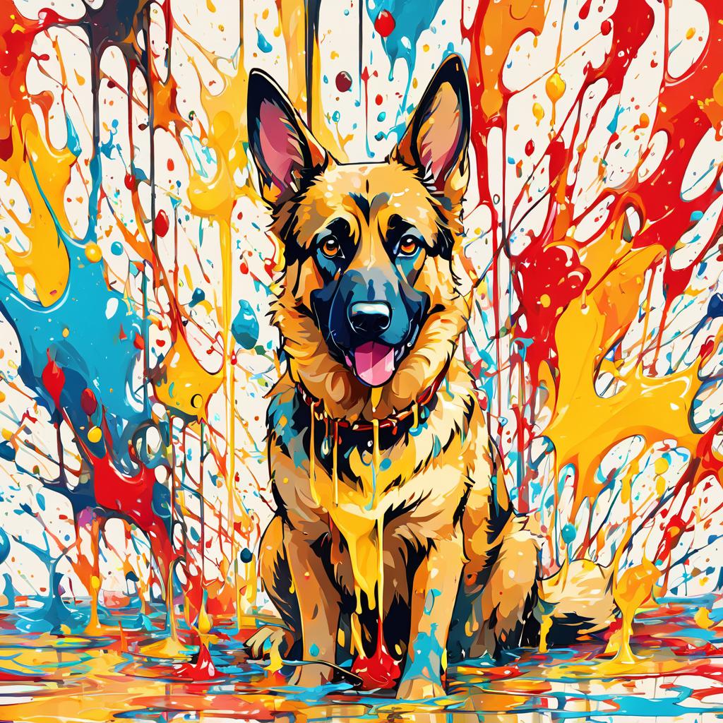 german shepherd in pollock's drip technique, capturing dynamic and colorful modern art.