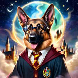 german shepherd as harry potter, with glasses and a magical hogwarts setting, evoking a celestial and epic feel.