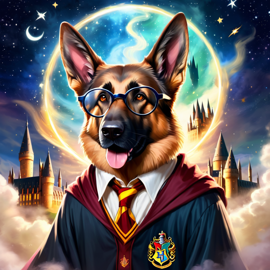 german shepherd as harry potter, with glasses and a magical hogwarts setting, evoking a celestial and epic feel.