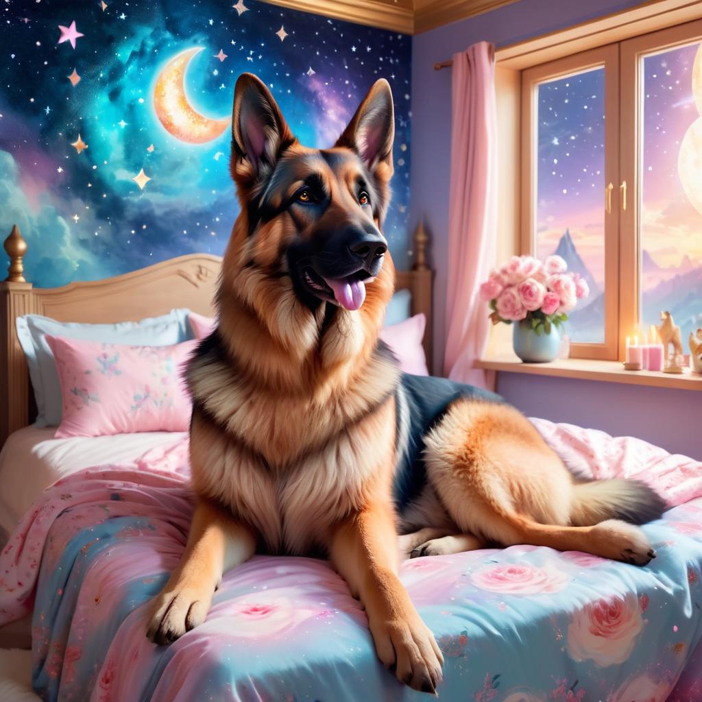 german shepherd in cute pyjamas, relaxing in a posh bedroom, capturing an ethereal and happy moment.