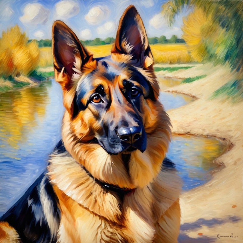 german shepherd in the style of renoir, showcasing classic artistic brush strokes and timeless elegance.