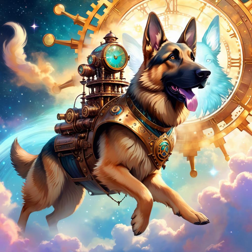 german shepherd in a steampunk style, cute and happy, with a magical and painterly quality.