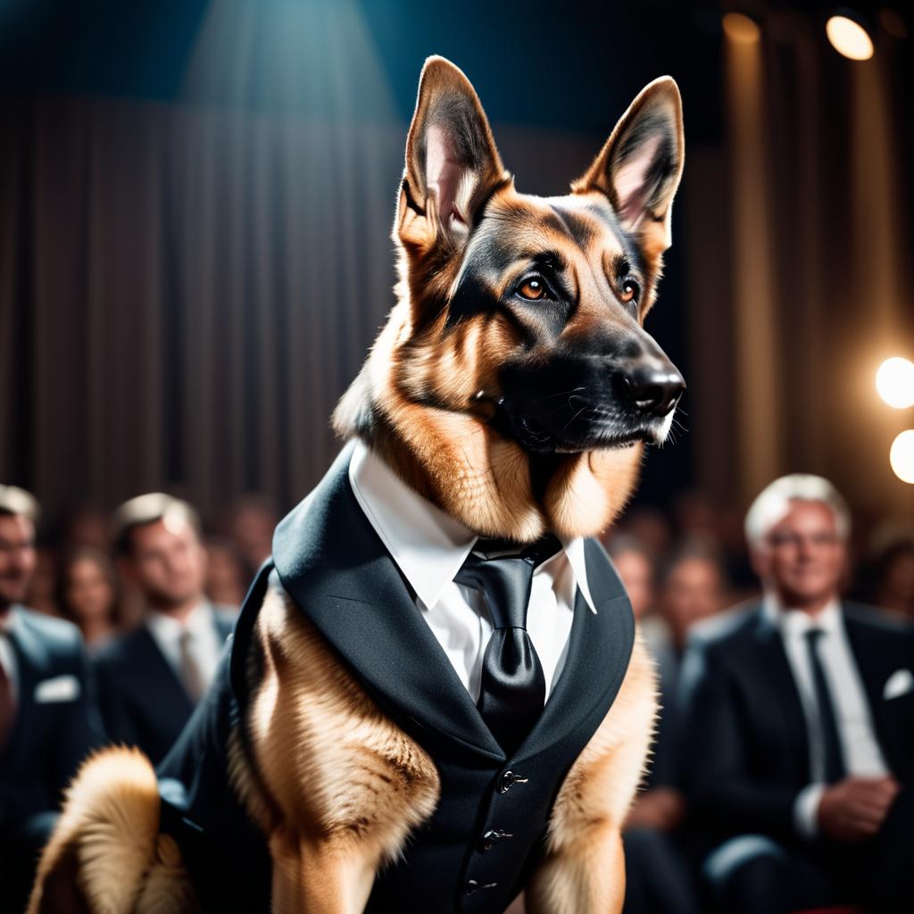 german shepherd in a classy suit on a fashion stage, showcasing elegance and charm in a highly detailed, epic scene.