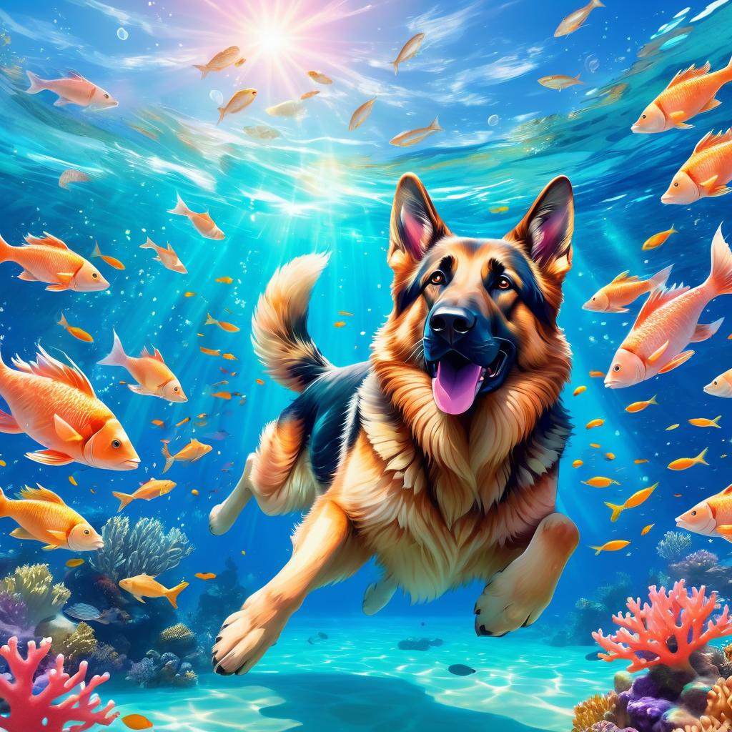 german shepherd swimming in a magical blue ocean with colorful fish and coral reef, capturing a dreamy and adventurous underwater scene.