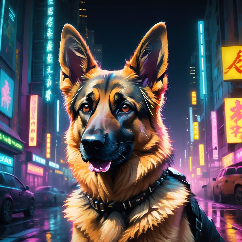 german shepherd in a vibrant neon city with chinapunk style, featuring captivating lighting and a modern, exotic look.