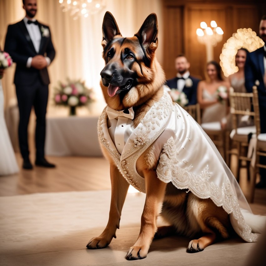 german shepherd in a beautiful wedding suit, capturing a cute and happy moment in a romantic environment.