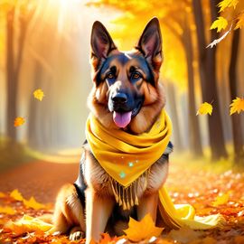 german shepherd in a yellow scarf, ethereal and magical style.