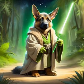 german shepherd as yoda from star wars, holding a green lightsaber in a cinematic star wars scene.