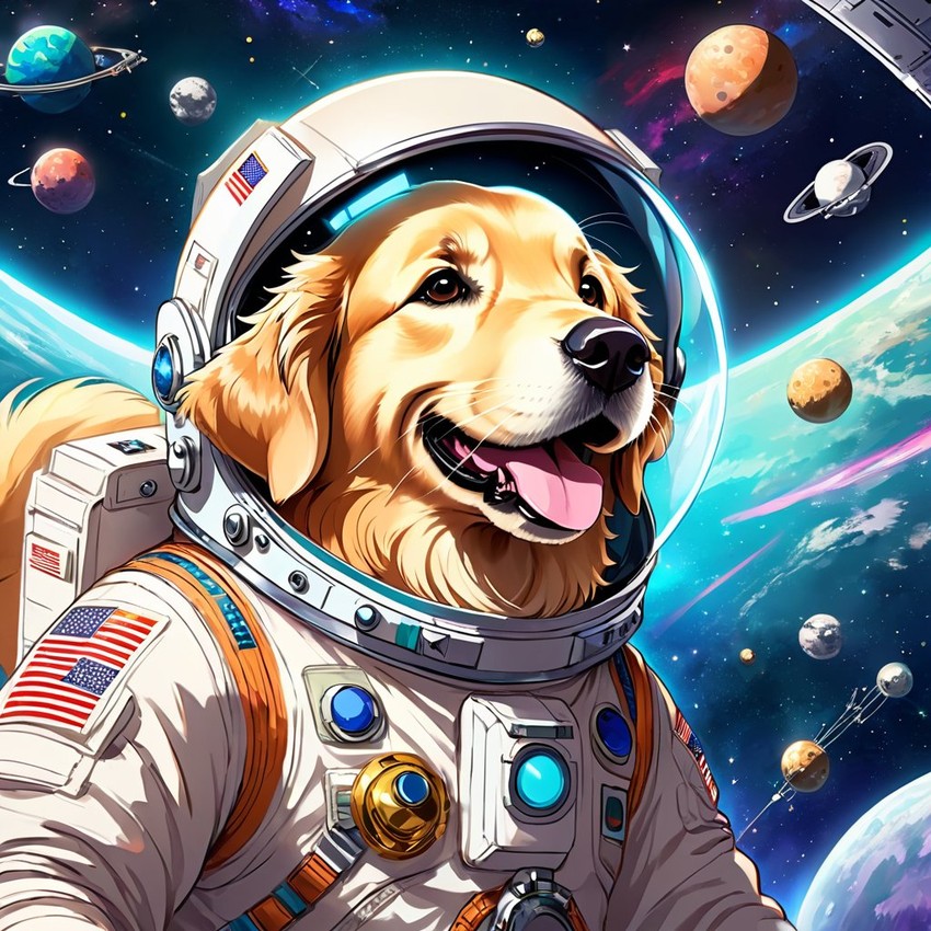 anime illustration of golden retriever as astronaut in space, wearing spacesuit, vibrant and detailed.