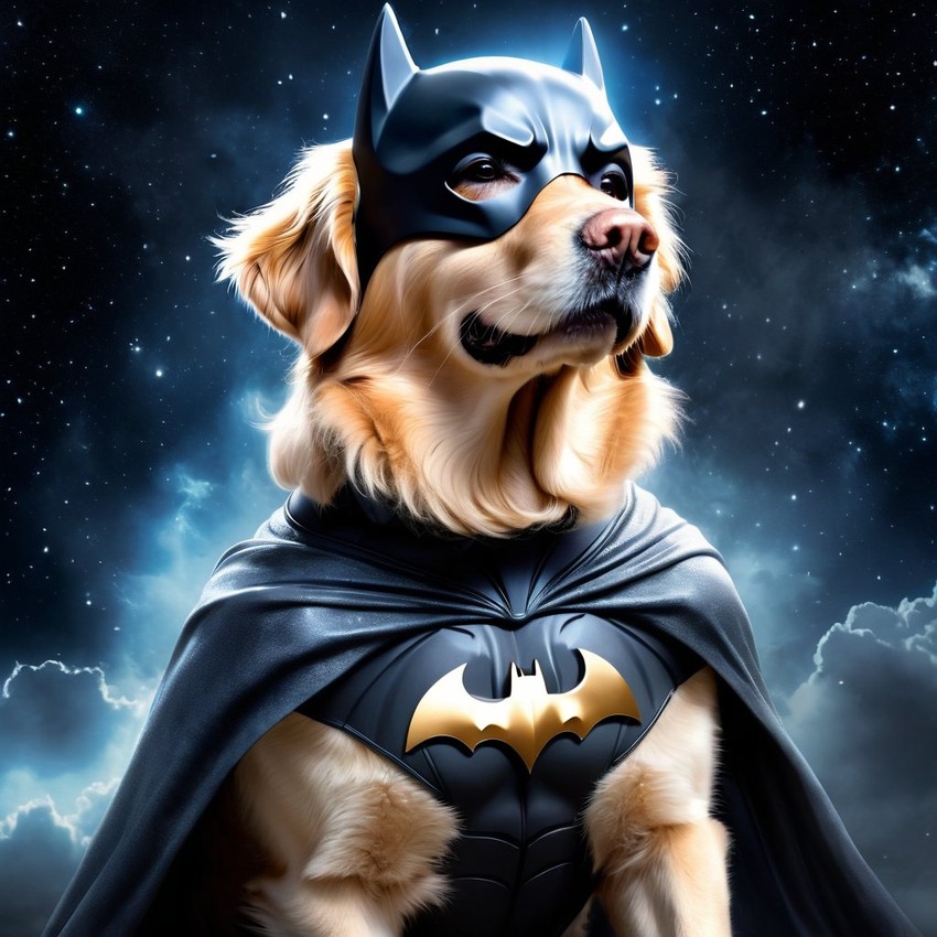 golden retriever as batman, ethereal and majestic, wearing batman suit and mask.