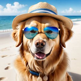 golden-retriever-beach-white-sand-blue-sea-sunglasses-summer-hat-f4cb4980e8824c028f98a888b8ce9c61