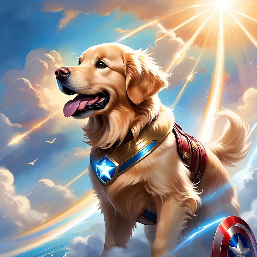 golden retriever as captain america from avengers, ethereal and magical.