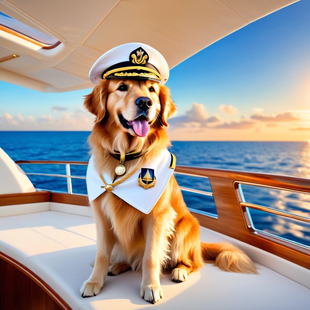 golden retriever as a captain on a luxury yacht, wearing captain uniform, ethereal and majestic.