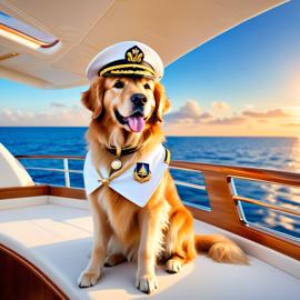 golden retriever as a captain on a luxury yacht, wearing captain uniform, ethereal and majestic.