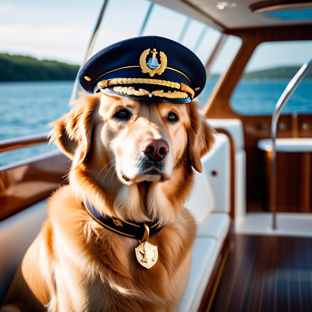 golden retriever as a captain on a luxury yacht, wearing captain uniform, against a blue sea.